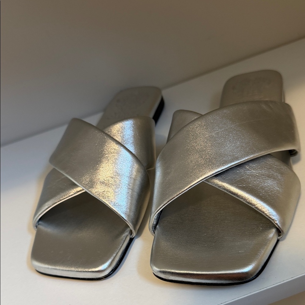 Vince Camuto Metallic Silver Cross-Band Women's Slide Sandals